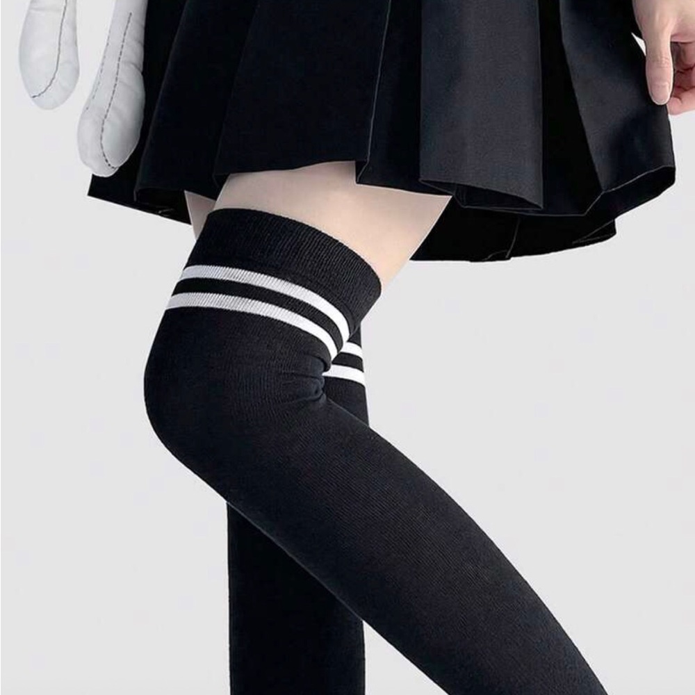 New Black Over-the-Knee Socks with White Stripes - stockings